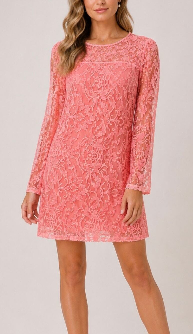 Sundance Silk Sheer Embroidered Floral Dress Size 8 Coral Boho Long Sleeve
